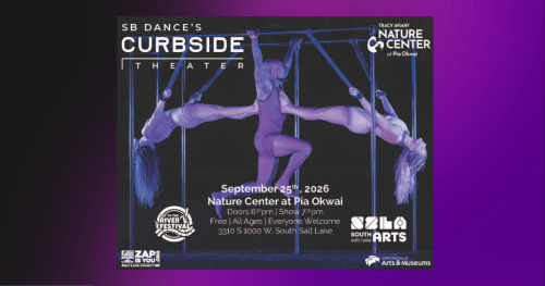 Three acrobatic dancers lit up in purple against a dark background. 